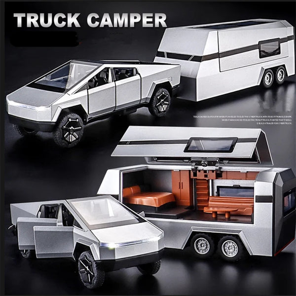 1/24 Cybers Truck Pickup Trailer Alloy Car Model Diecasts Metal Camper Van Motorhome Touring Car Model Sound Light Kids Toy Gift - IHavePaws