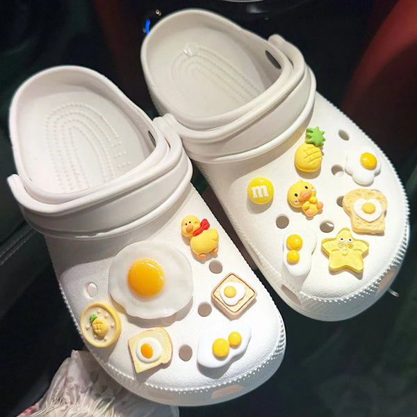 Shoe Charms for Crocs DIY Food Breakfast Fried Eggs Decoration Buckle for Croc Shoe Charm Accessories Kids Party Girls Gift A - IHavePaws