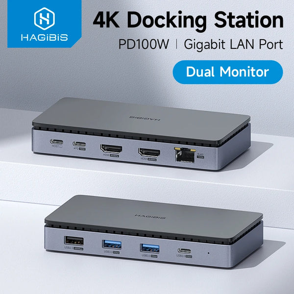 Hagibis USB C Docking Station Type C to Dual 4K HDMI-Compatible 100W PD USB 3.0 Hub RJ45 Triple Display for Macbook Laptop iPad - IHavePaws