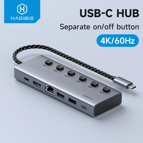 Hagibis USB C HUB Type-C Individual On/Off Switches Docking Station with 100W PD 4K HDMI-Compatible RJ45 for Laptops Macbook Pro - IHavePaws