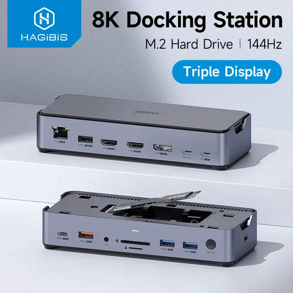 Hagibis USB C Docking Station Type C to 8K DP HDMI-Compatible Triple Display M.2 SSD PD3.0 RJ45 15 in 1 USB C HUB for PC Laptops - IHavePaws